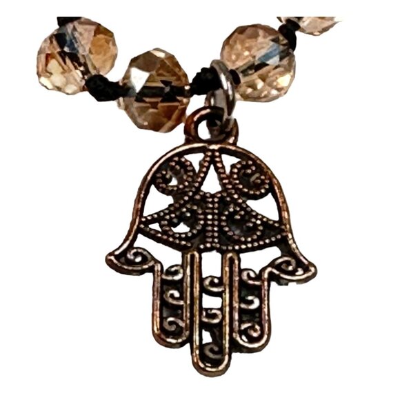 Zacasha Hamsa Hand & Amber Glass Bead Bracelet Hand Knotted Silk Cord Protection - Picture 2 of 10